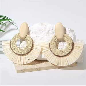 Cream Beach Day Vacation Extra Large Woven Bohemian Earrings